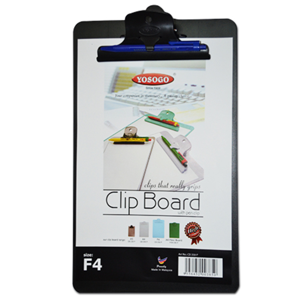 clip board pvc ref cb 350-p plastic clip foolscap - pen included yosogo